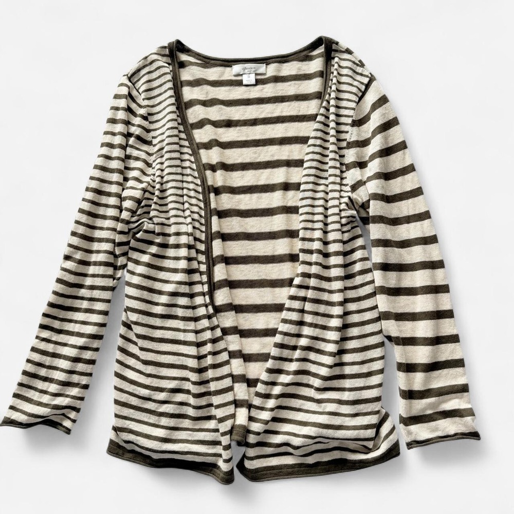 Cj Banks Women's 1X Brown Cream Striped Linen Blend Cardigan